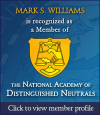 Mark S. Williams recognized as a member of The National Academy of Distinguished Neutrals - logo with text and link to read more about his profile